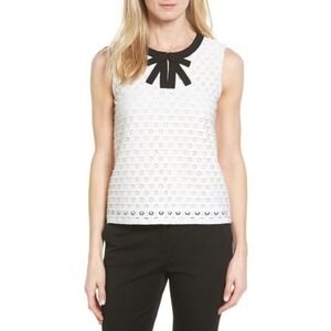 CeCe Women White Eyelet Sleeveless Black Bow Neck Romantic Top Blouse Size M
